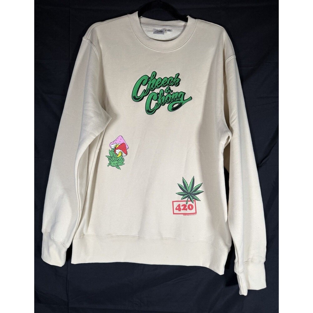 Cheech & Chong Beige Graphic Print Fleece Pullover Crew Neck Sweatshirt Medium